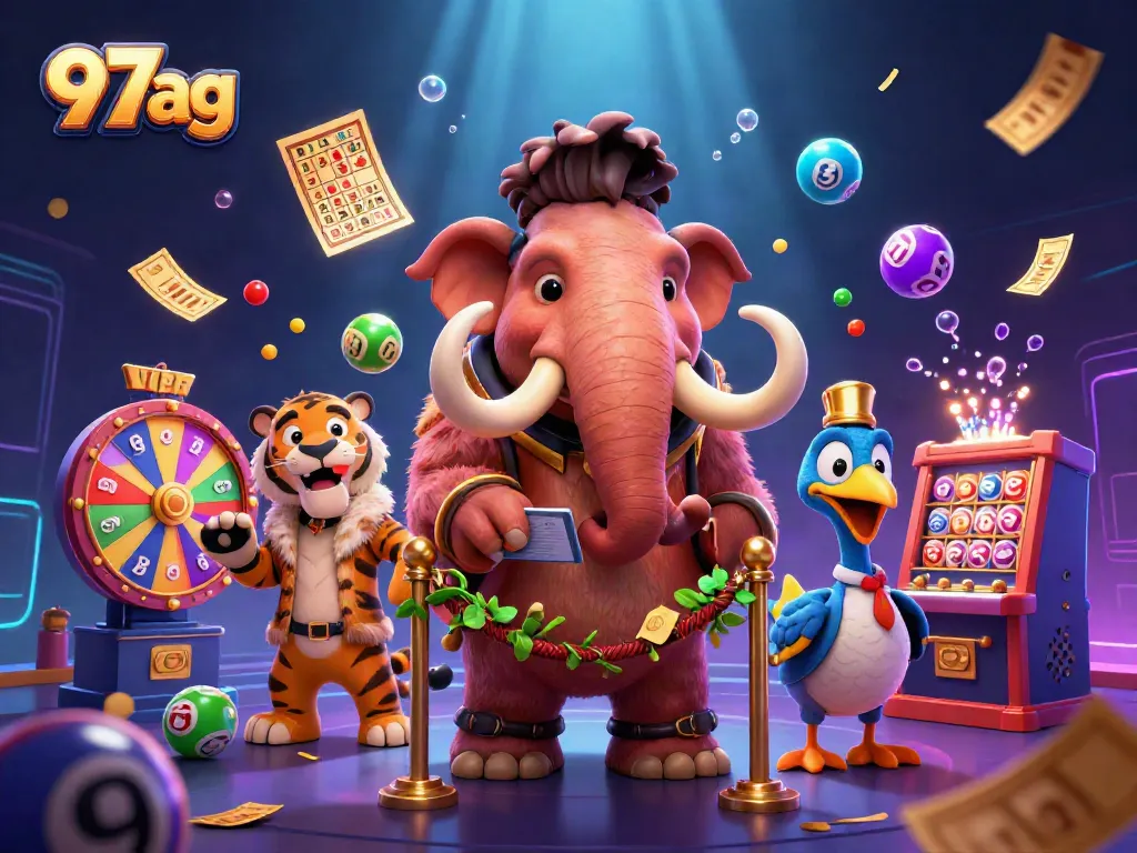 Experience the excitement with 97ag in this vibrant casino scene filled with lottery elements.