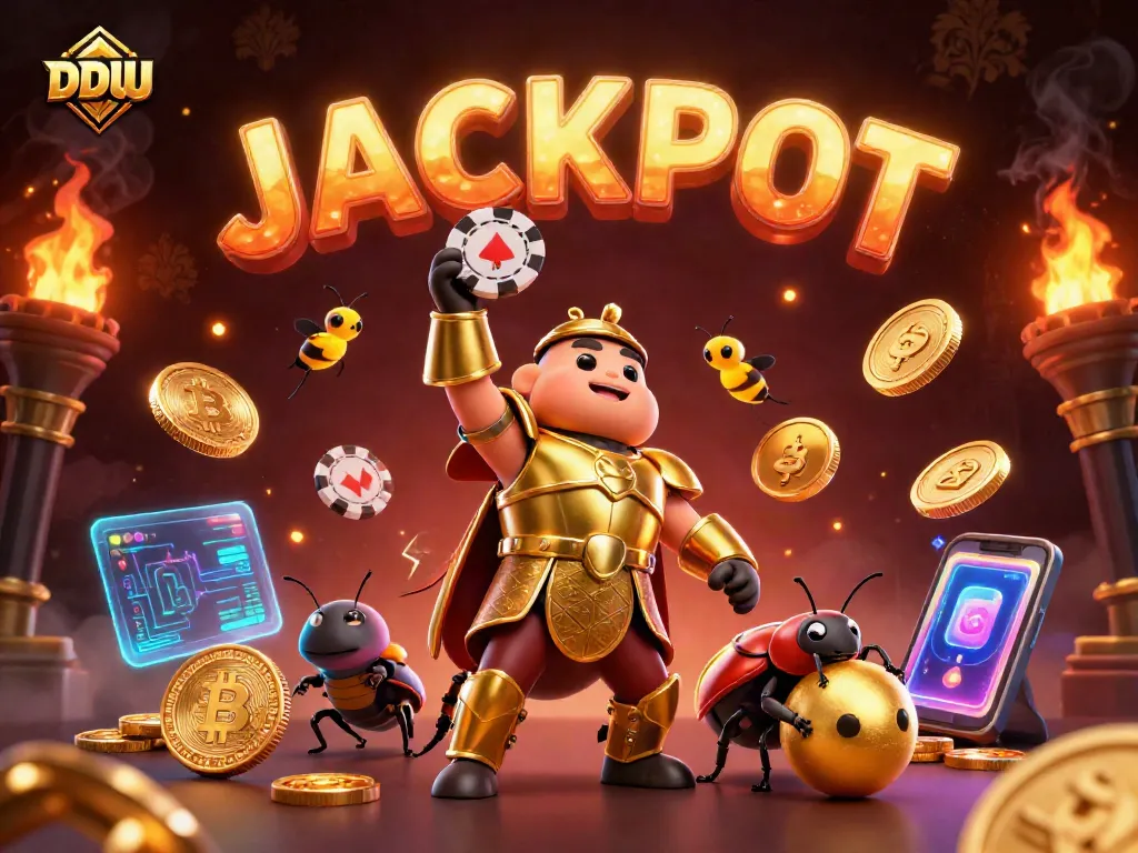 Engage with DDUU for exciting casino adventures, witnessing a beetle triumphant in a jackpot celebration.