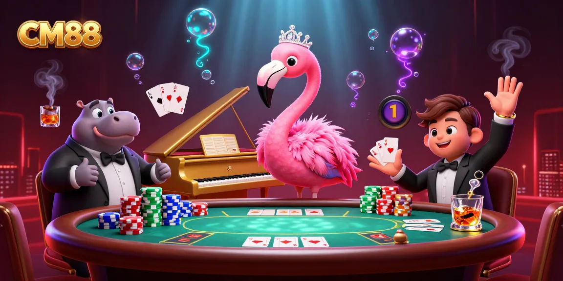 Experience exciting games with CM88, featuring a vibrant casino scene filled with poker and energetic characters.