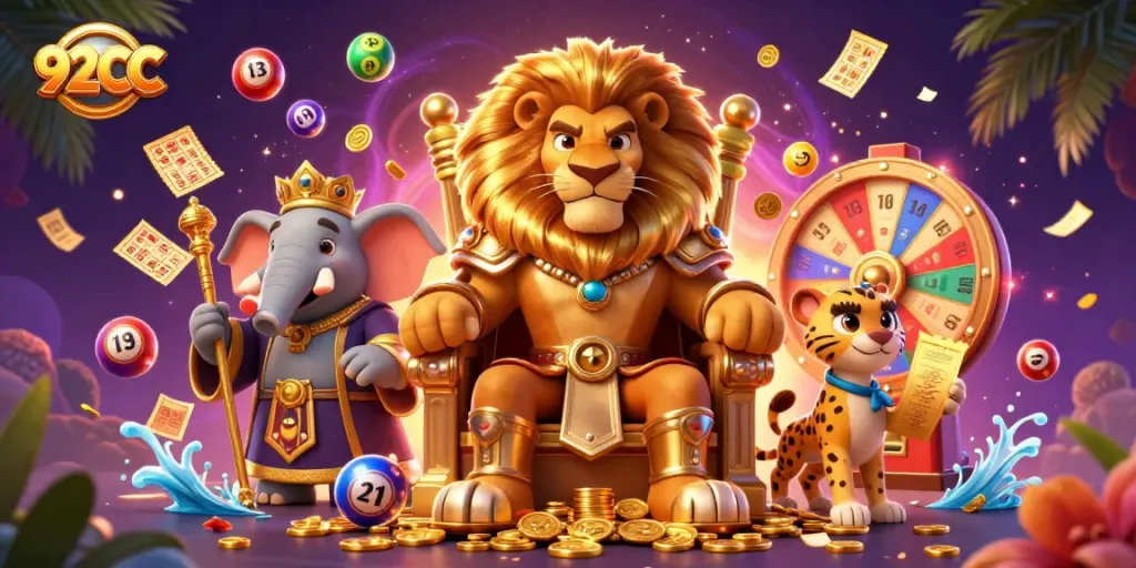 Engage in thrilling gameplay at 92CC with vibrant lottery elements and a royal casino theme.