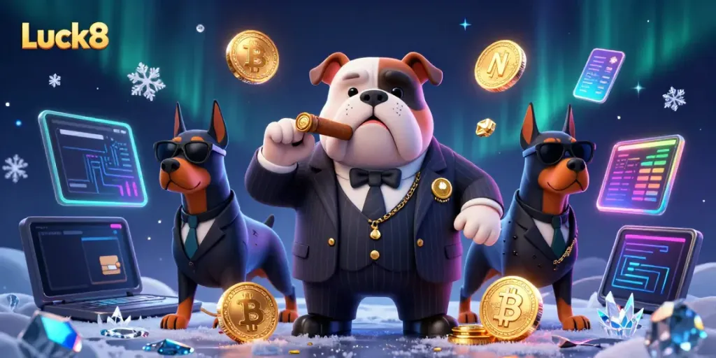 Experience the excitement at Luck8, featuring a mafia boss bulldog and Doberman bodyguards amidst vibrant casino elements.