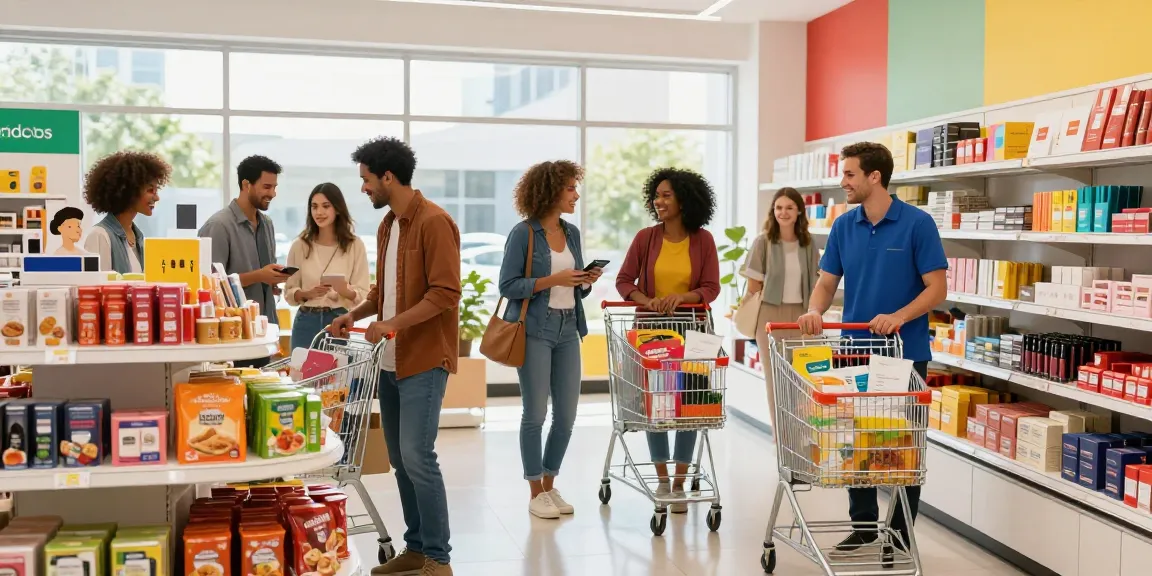 Customers exploring diverse Produtos in a vibrant retail store.