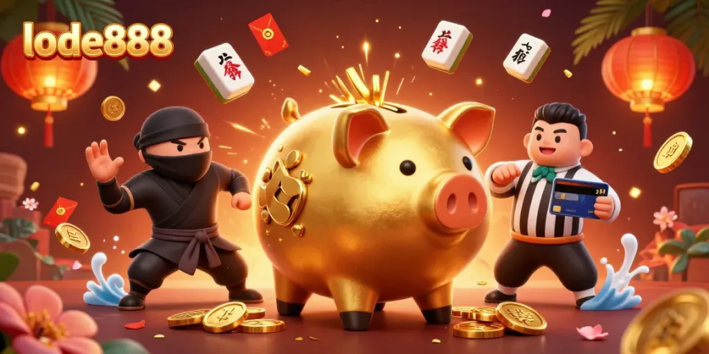 Experience high-stakes gaming with lode888 as a golden piggy bank sumo wrestler unleashes coins.
