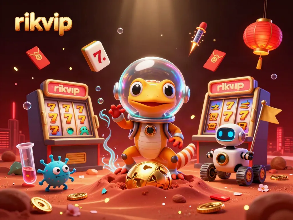Engage with the vibrant world of rikvip, featuring slot machines amid a playful Martian scene with dynamic elements.