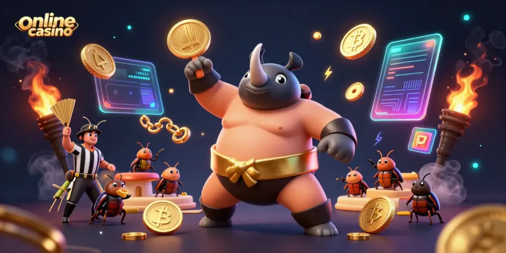 Experience the thrill of an online casino with a dynamic scene of cartoon beetles and crypto coins.