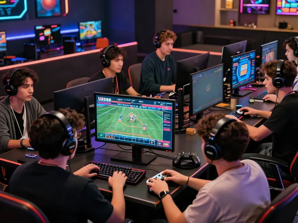 Engaging online betting scene at UK88 with friends playing casino games and sports betting on multiple screens.