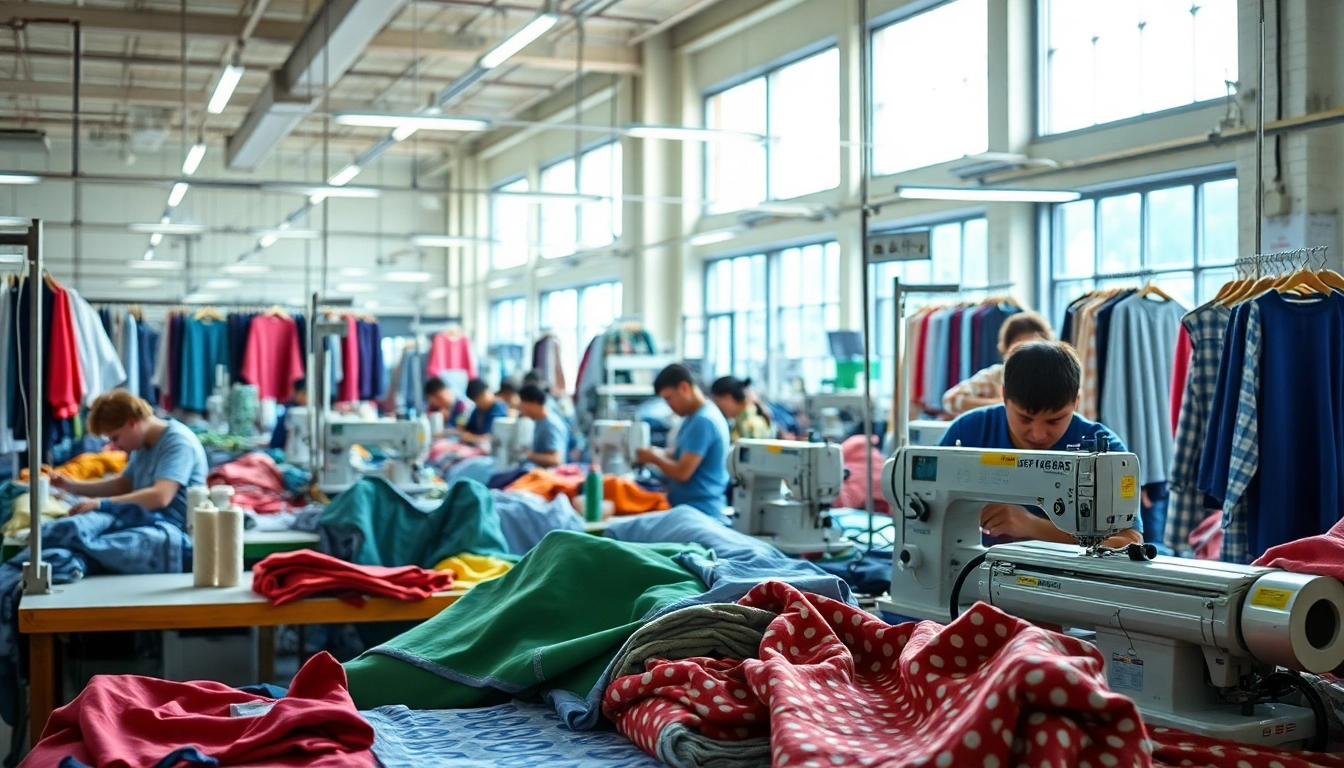 Workers illustrating apparel manufacturers in China producing diverse clothing items in a busy factory.