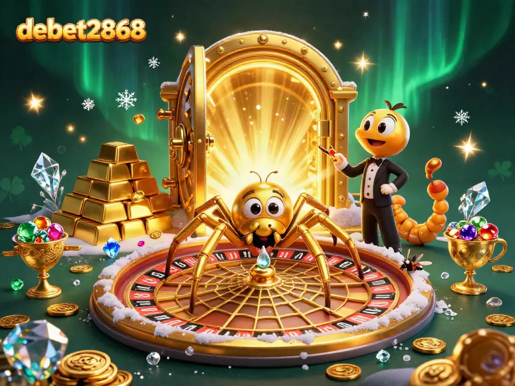 Experience the thrill of debet2868 featuring a spider spinning a roulette web, surrounded by gold and gems.