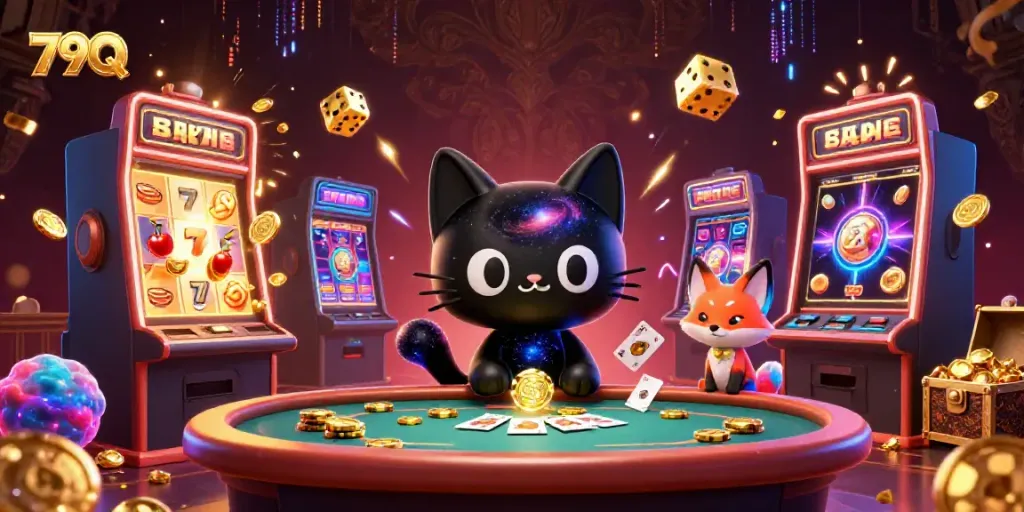 Engage with 79Q's dynamic casino experience featuring a black hole cat and nebula fox at a cosmic table.