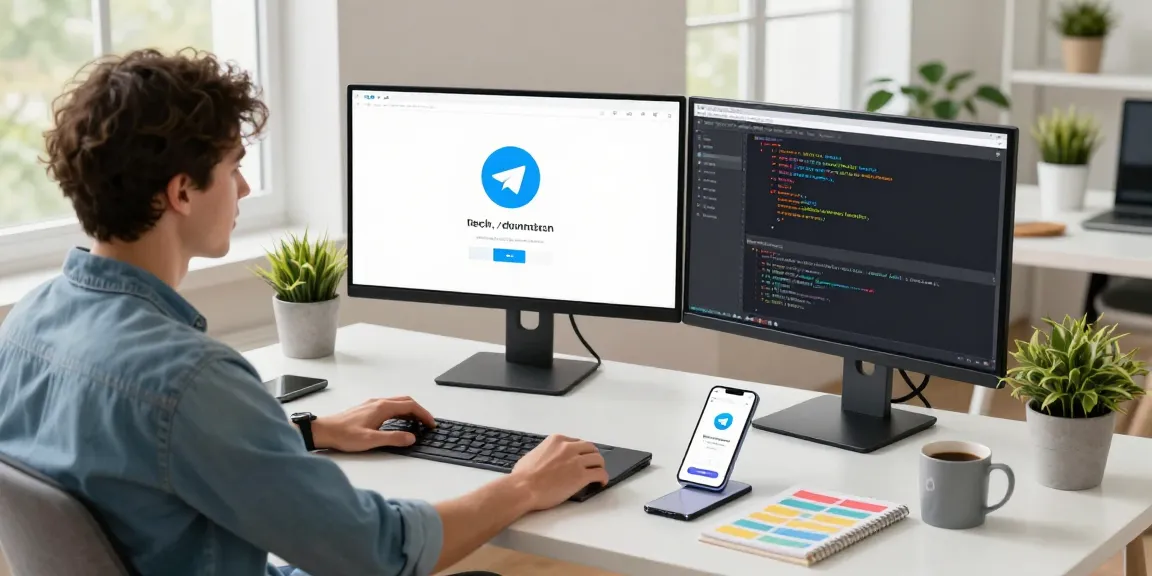 Dynamic workspace featuring a professional using the Telegram download interface, showcasing modern tech tools and creative decor.