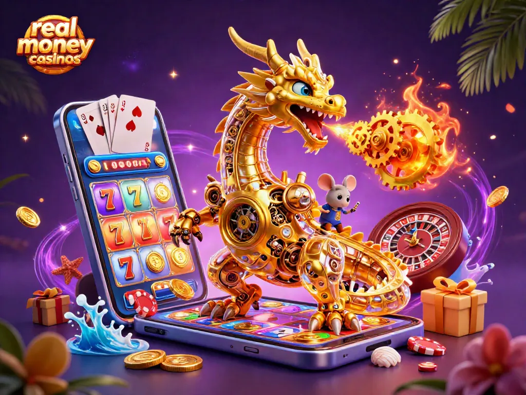Experience real money casinos with a vibrant 3D dragon and engaging gaming elements.