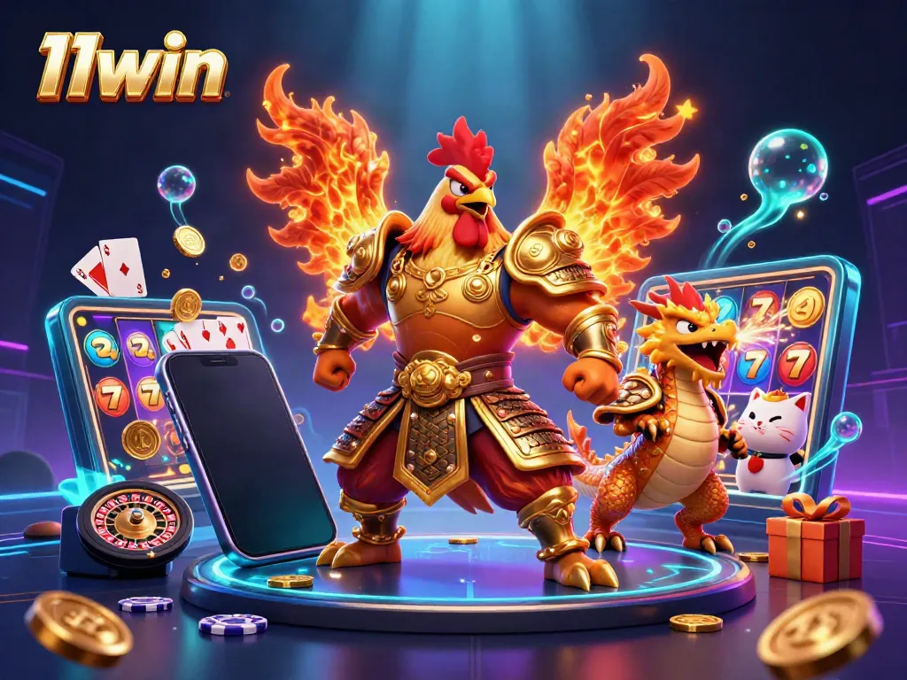 Experience dynamic casino action with 11win as a rooster warrior and dragon hatchling cheer amid vibrant slot games.