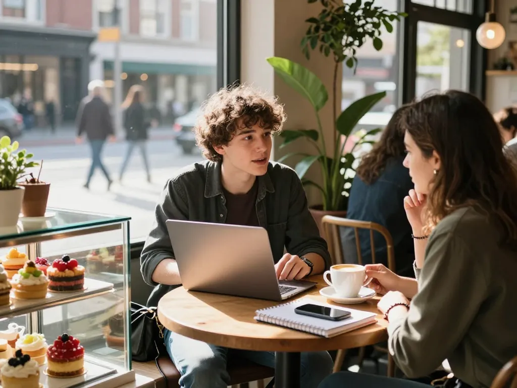 Young adults discussing feelings and crush on someone at an urban café