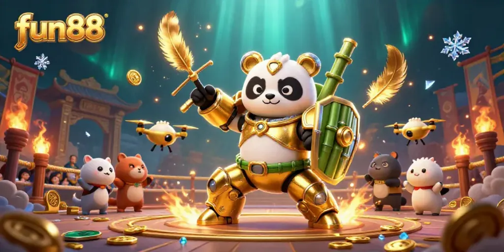 Engage with fun88 in an intense arena featuring a mech-suit panda battling in a vibrant casino-themed scene.
