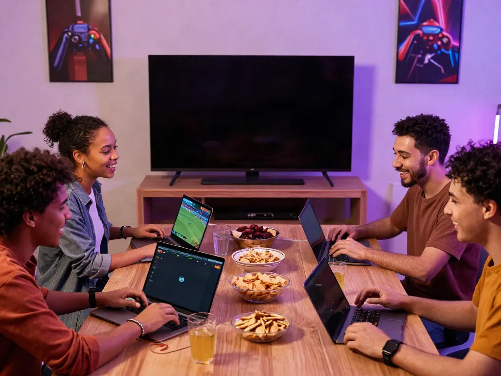 Friends excitedly gambling online at https://fc88v1.com/ in a vibrant home setting, showcasing a lively betting atmosphere.