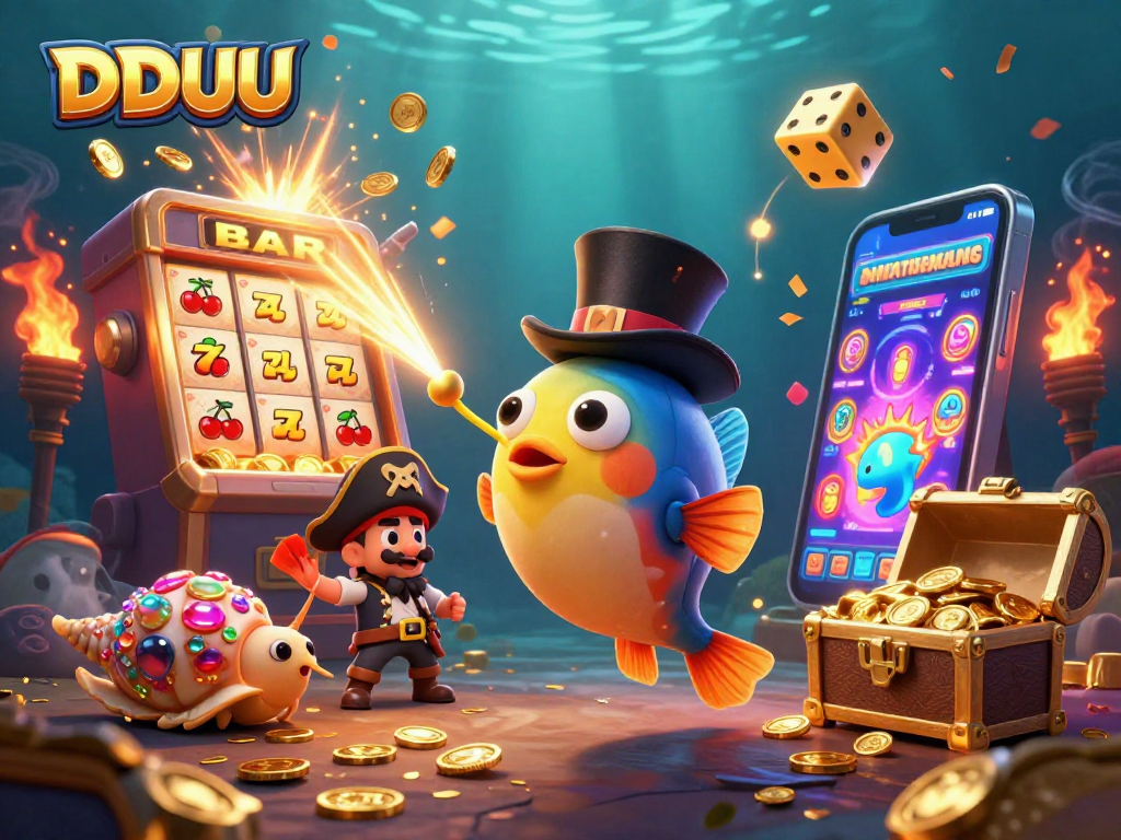 Experience the thrill of DDUU with golden coins and vibrant sea creatures in a dynamic casino scene.