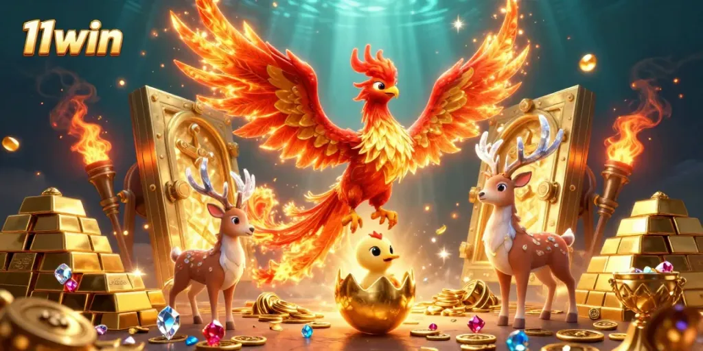 Experience the thrill of 11win with vibrant casino elements, including a majestic phoenix and treasures.