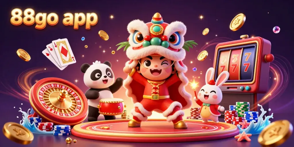 Join the excitement of the 88go app with festive characters celebrating in a vibrant casino scene.