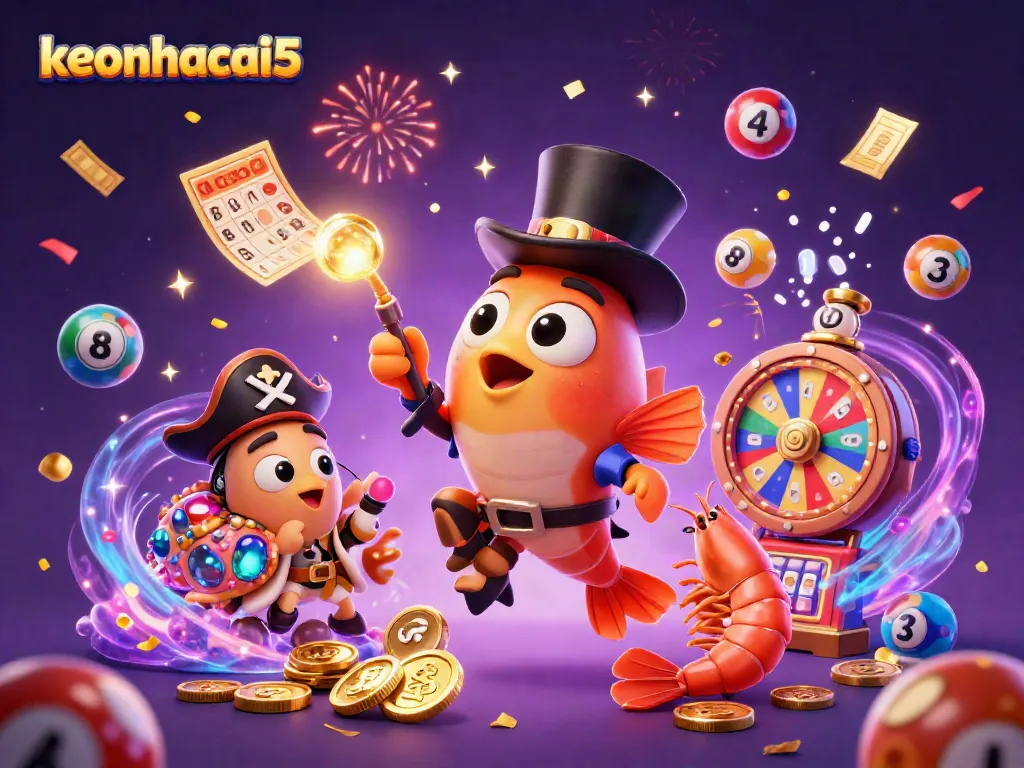 Experience keonhacai5 with a dynamic scene of whimsical sea characters celebrating wins in a vibrant casino setting.