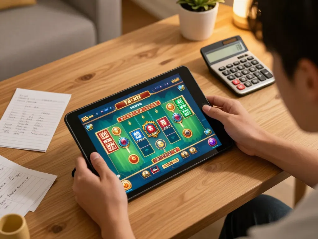 Select the winning option in tài xỉu online with a stylish home gaming setup featuring strategy notes and a clear tablet screen.