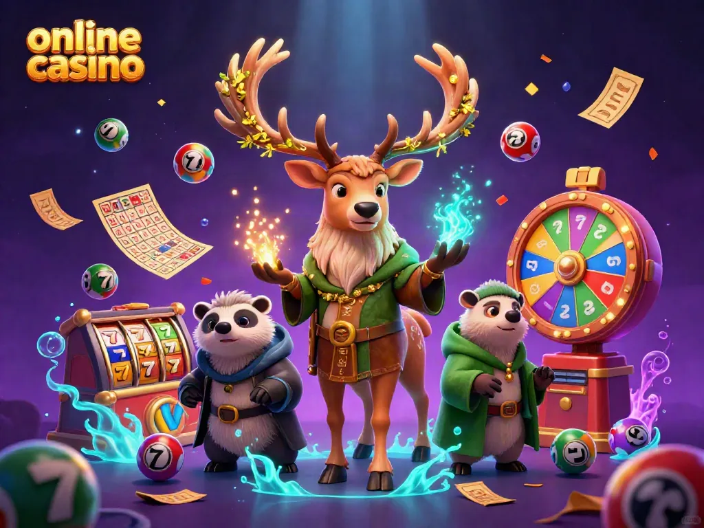Engaging illustration of an online casino featuring a Celtic druid stag, lottery elements, and magical ambiance.