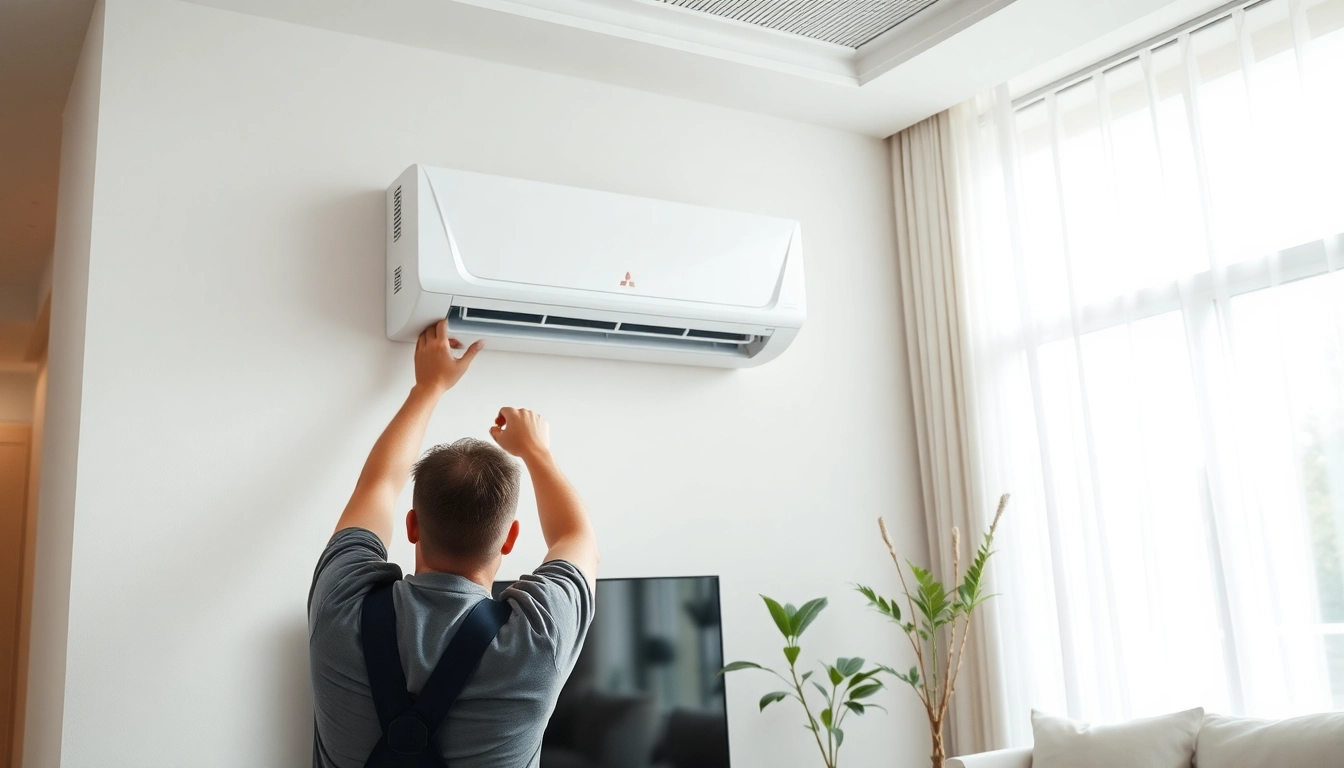 Installing a mitsubishi mini split ac in a modern living room, showcasing sleek design.