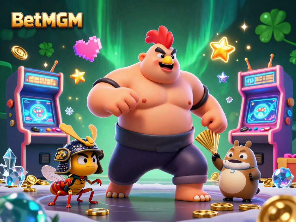 Engage in exciting gameplay with BetMGM's dynamic 3D illustration featuring vibrant characters and casino elements.