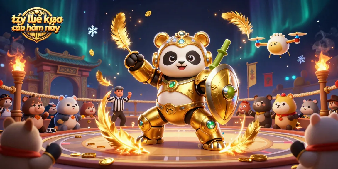 Engaging sports betting scene illustrating tỷ lệ kèo nhà cái hôm nay with a colorful panda mech battling in a dynamic arena.