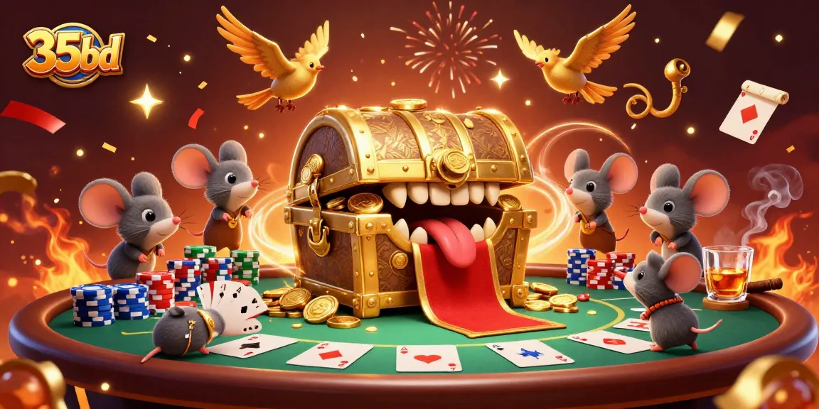 Engage with 35bd's thrilling casino scene featuring a treasure chest and poker game elements.