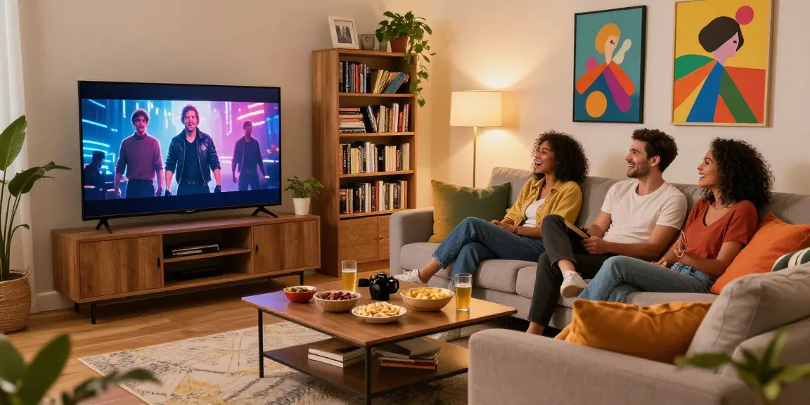 Encontro com amigos assistindo os melhores canais de entretenimento com o bestbraziliptv em uma sala aconchegante.