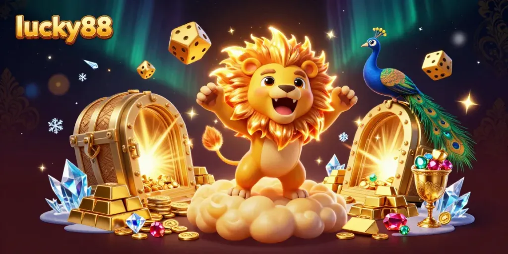 Experience the thrill of lucky88 with scenes of golden treasures, vibrant characters, and rich casino elements.