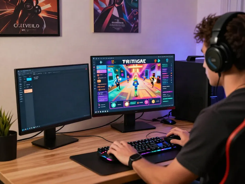 Jogador concentrado em partida de java toto em laptop com acessórios de jogos.