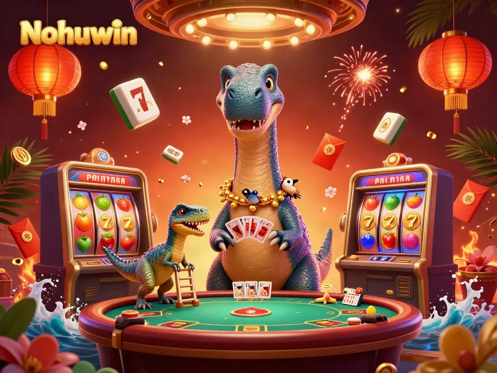 Experience the excitement at Nohuwin with a vibrant 3D casino scene featuring a playful brontosaurus.