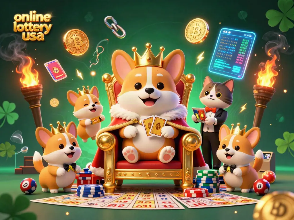 Play online lottery USA with a vibrant scene of a crowned corgi and lottery elements.