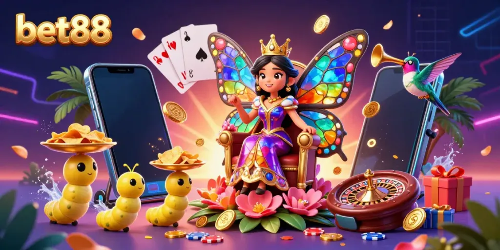 Experience the excitement of bet88 with vibrant casino elements in a dynamic 3D illustration.