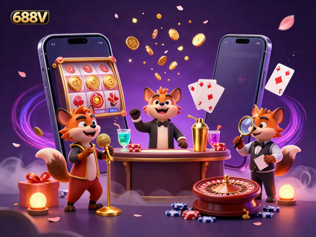 Experience the excitement of 688V with hyenas bringing comedy to the casino in vibrant 3D illustration.