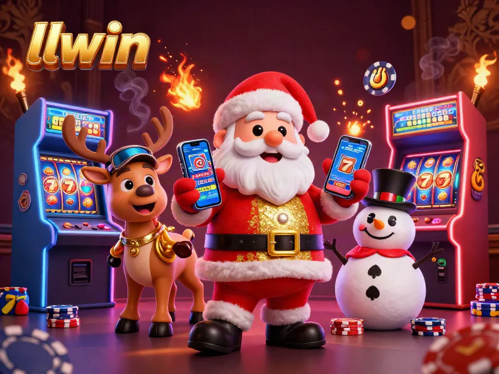 Join the fun at llwin with Santa, a reindeer dealer, and a poker chip snowman in this vibrant casino scene.