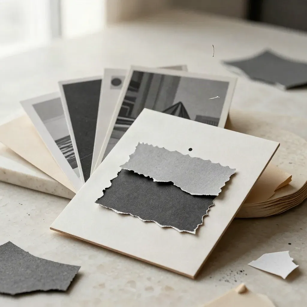 Kit de conceito de campanha em papel rígido sobre travertino, com recortes rasgados e cartões em camadas.