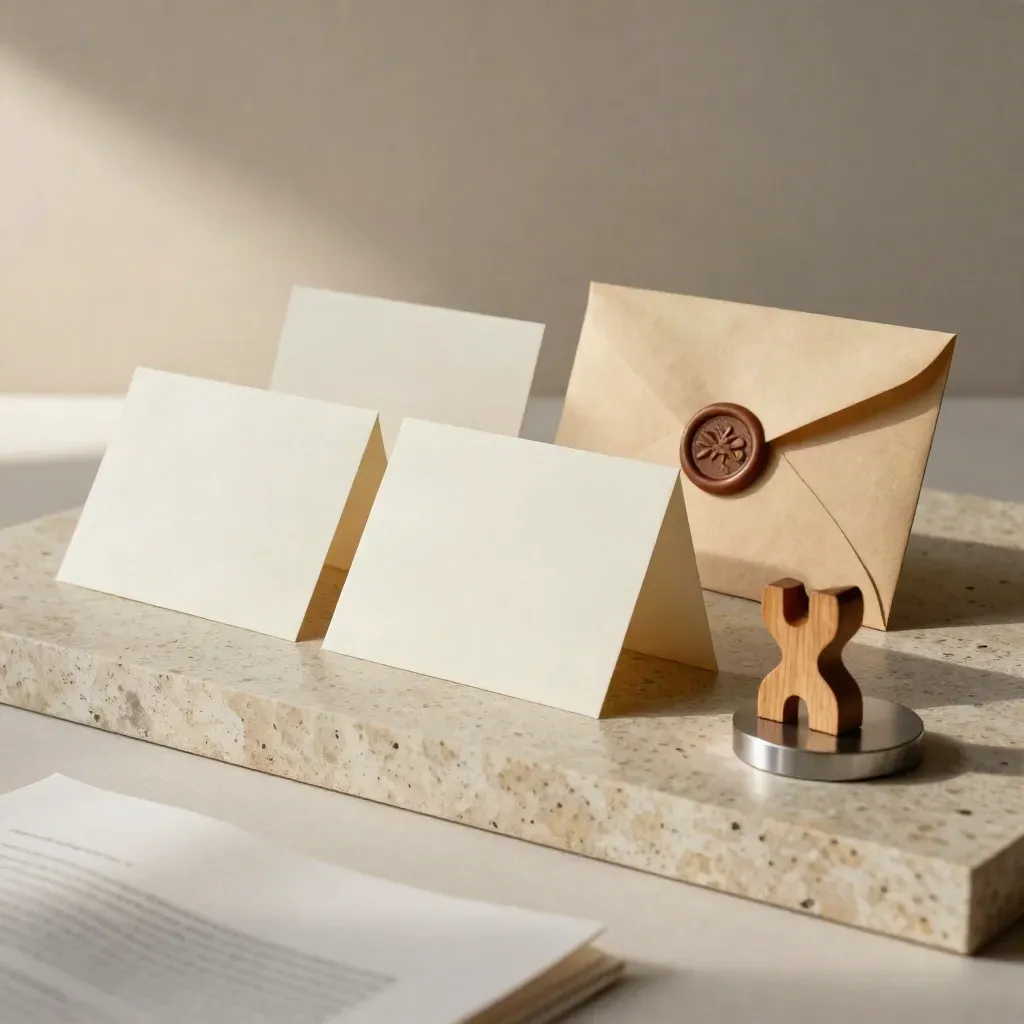 Cartões de nomes de marca em estúdio, com envelopes selados e peça de madeira sobre travertino.