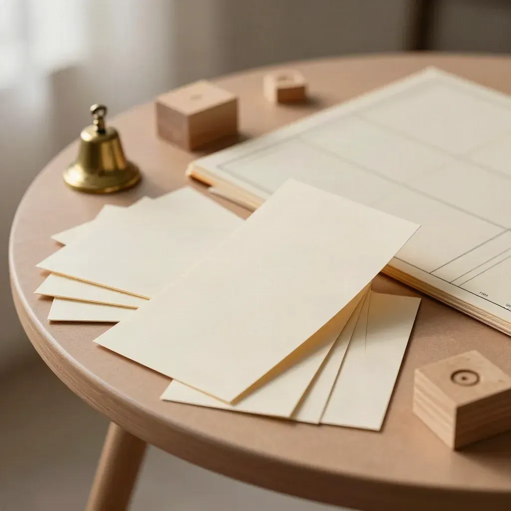 Kit de workshop de marca com cartões em branco, blocos de madeira e sino pequeno sobre mesa redonda.