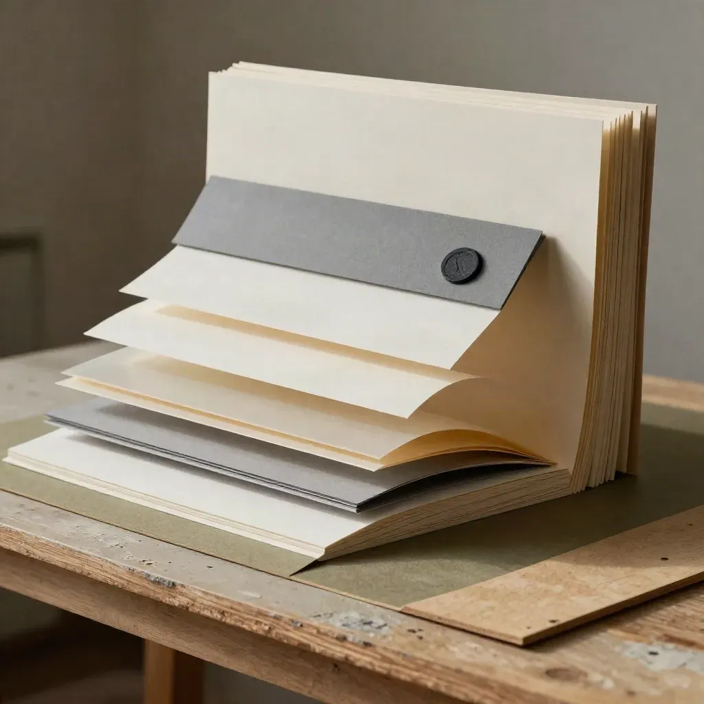 Maquete de landing page em papel, com chip de CTA e livreto dobrado sob luz dramática.