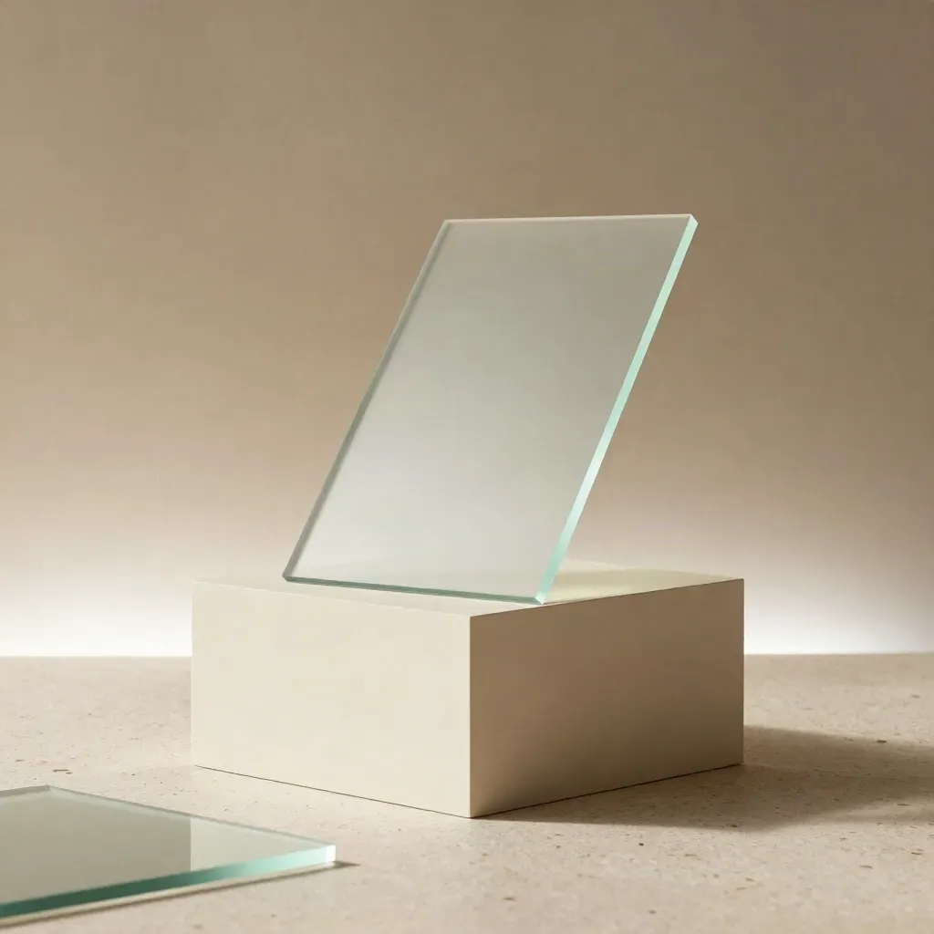 Pedestal com blocos acrílicos e peça translúcida em canto de lançamento minimalista.