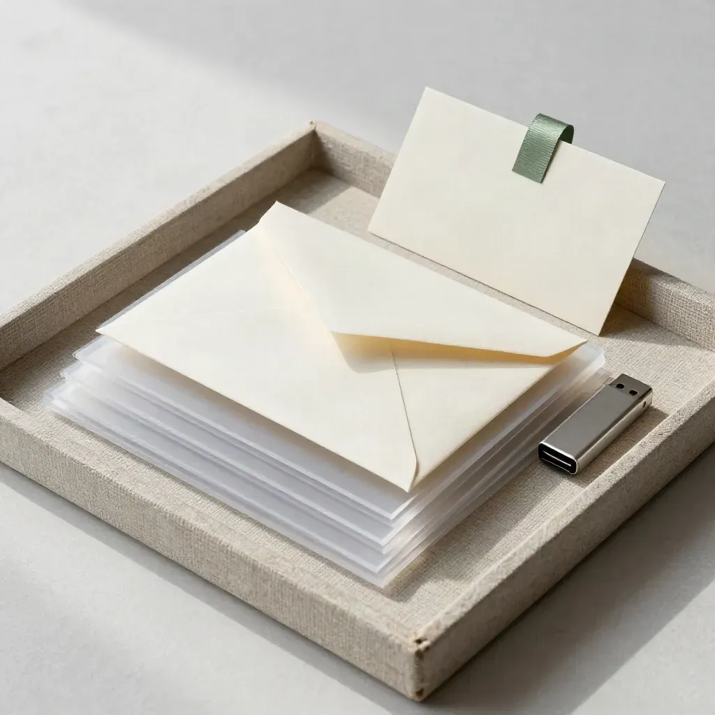 Kit de entrega em linho, envelope, pendrive e capas acrílicas sobre bandeja de pedra.