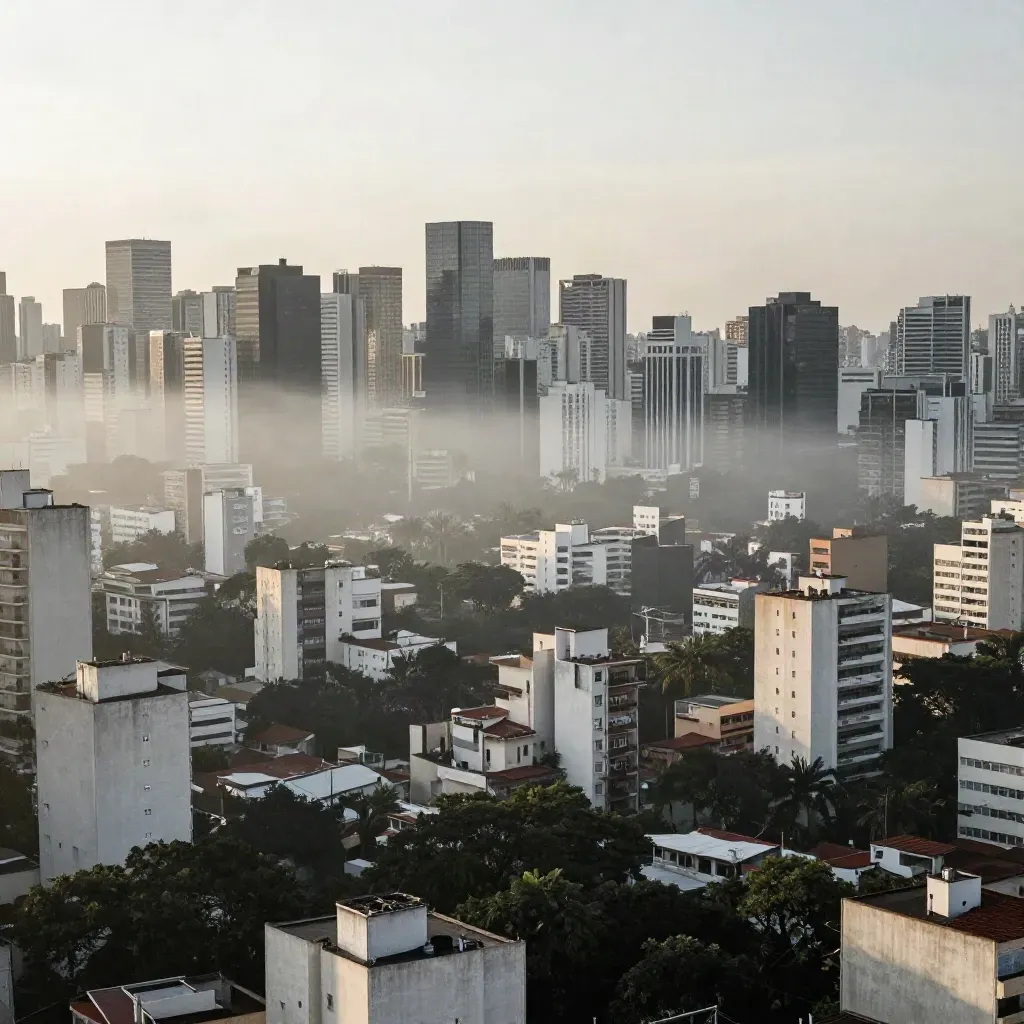 Vista aérea de São Paulo ao amanhecer, com neblina, Paulista e copas molhadas