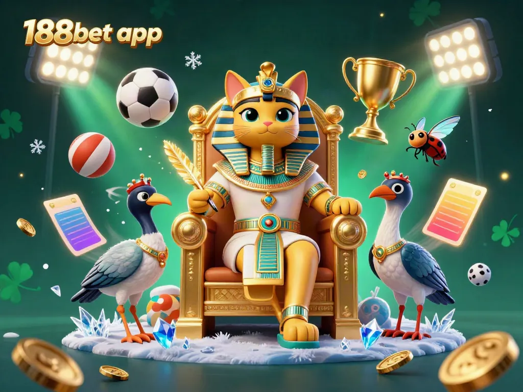Experience the excitement of the 188bet app with a vibrant 3D illustration featuring a pharaoh cat and sports elements.