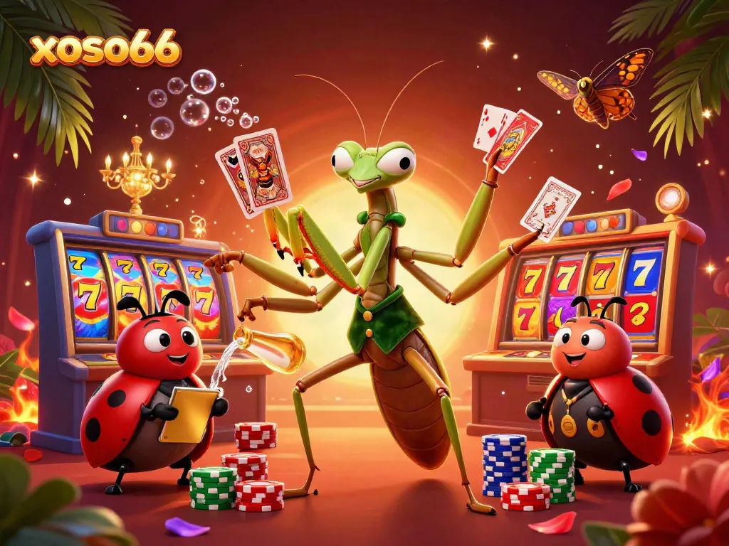 Experience the thrills of xoso66 in a vibrant, ultra-detailed casino scene with engaging characters and slot elements.
