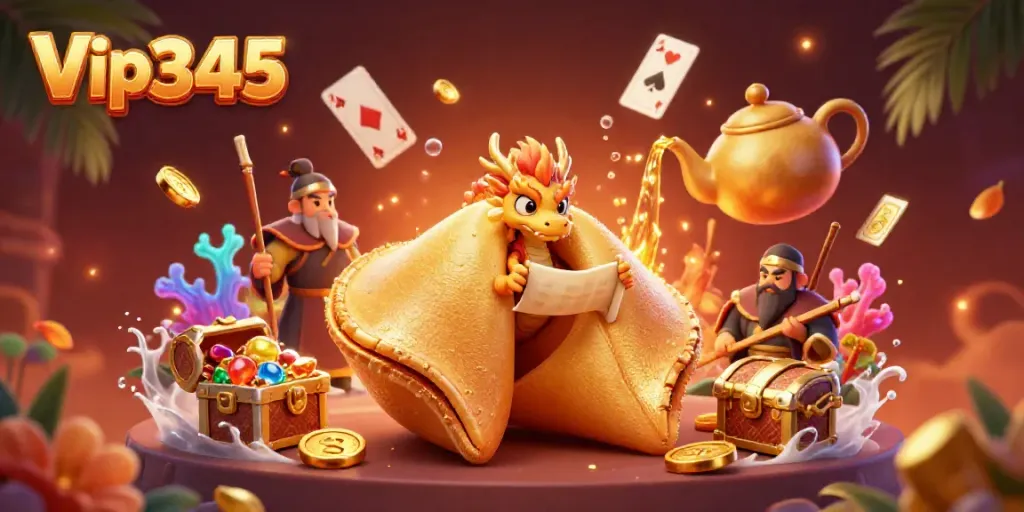Experience the excitement of Vip345 with a whimsical 3D scene featuring a golden fortune cookie and a tiny dragon reading fortunes.