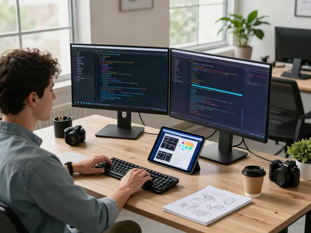 Developer coding rokok88 app on dual monitors in a modern office.