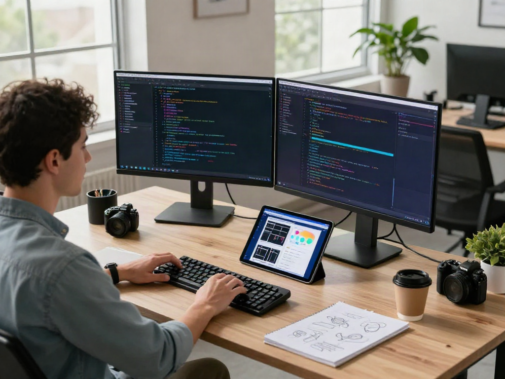 Developer coding rokok88 app on dual monitors in a modern office.