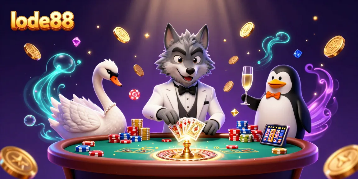 Celebrate wins at lode88 with a lively casino scene featuring colorful characters and games.